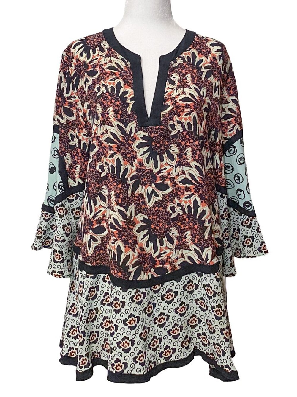 ETRO Milano Mixed Floral Patchwork 100% Silk Split V-Neck Tunic Top IT 44 / US 8